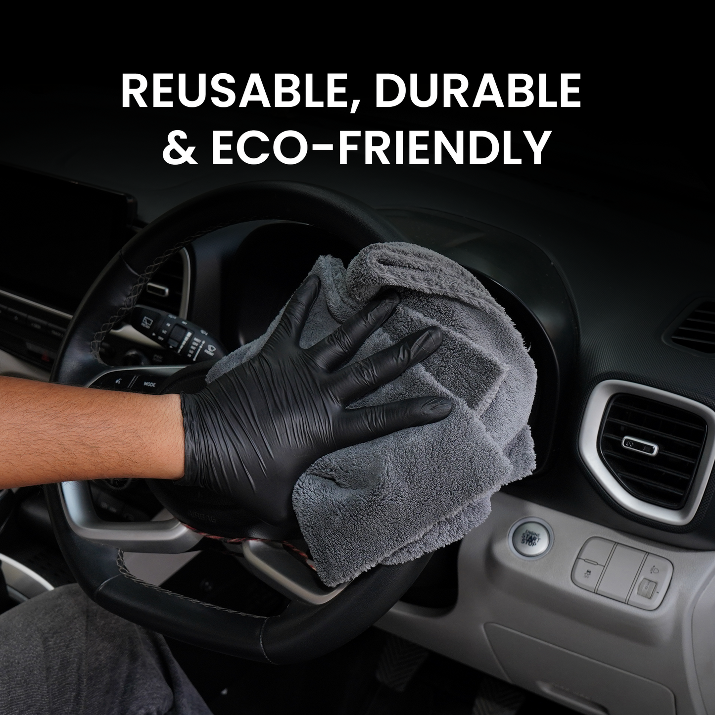 Person cleaning car interior with reusable microfiber cloth and text 'Reusable, Durable & Eco-Friendly'.