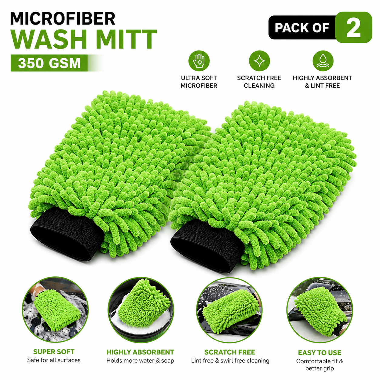 Hoora Microfiber Car Wash Mitt (350 GSM)(Pack of 2)