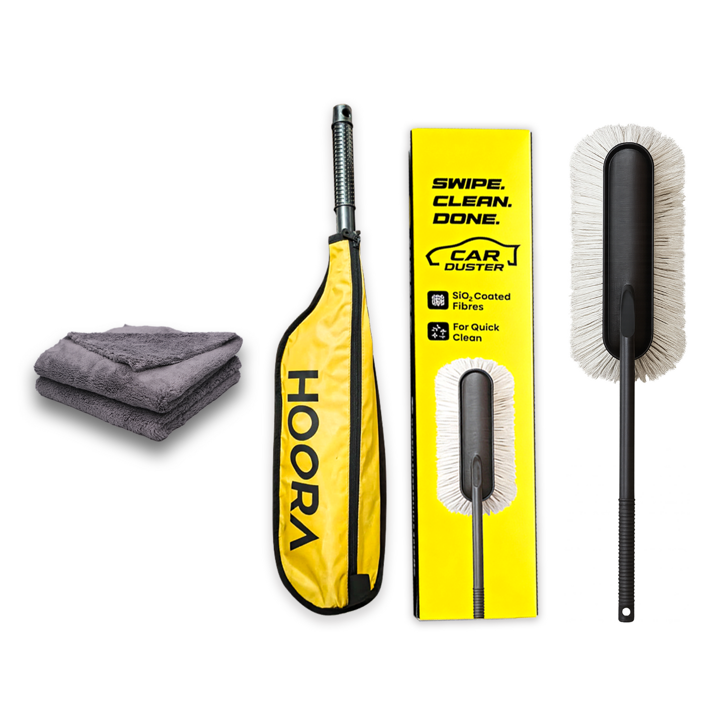 Car cleaning tools including a duster and microfiber cloth with Hoora branding on a white background.
