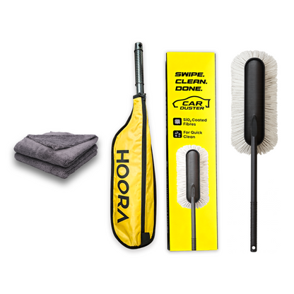 Car cleaning tools including a duster and microfiber cloth with Hoora branding on a white background.