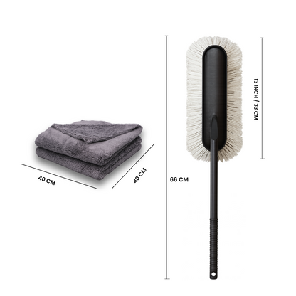 Car duster and microfiber cloth with dimensions on a white background