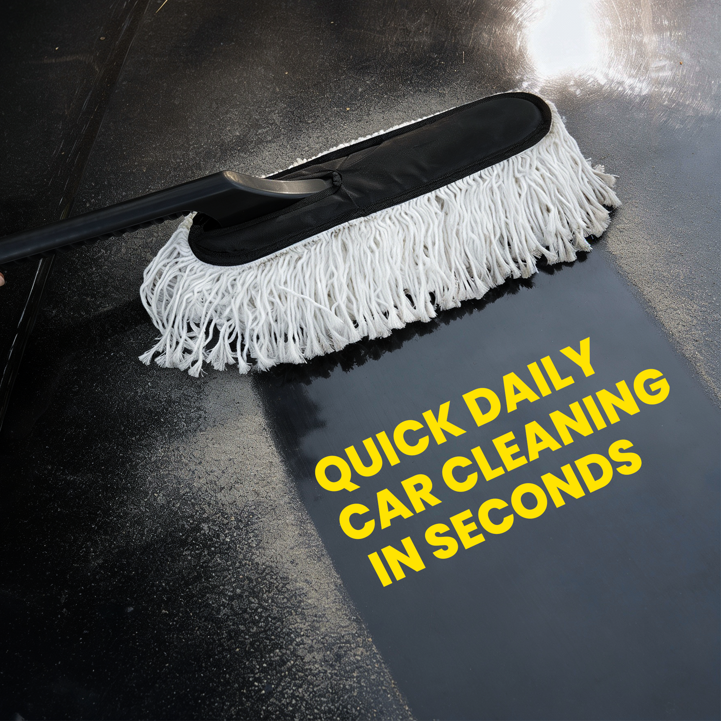 Car cleaning brush with text 'Quick Daily Car Cleaning in Seconds' on a black surface