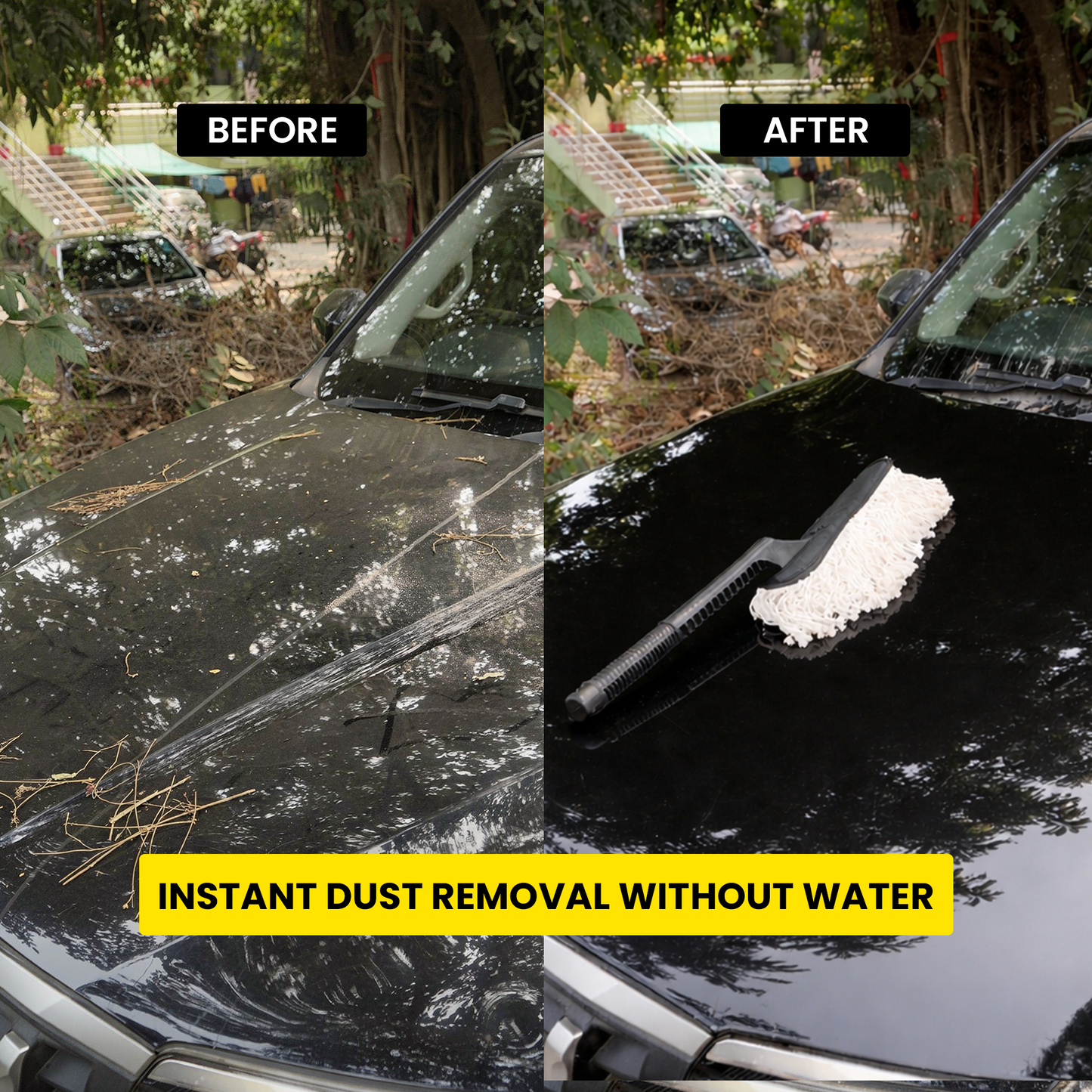 Before and after comparison of a car's windshield with dust removal tool.