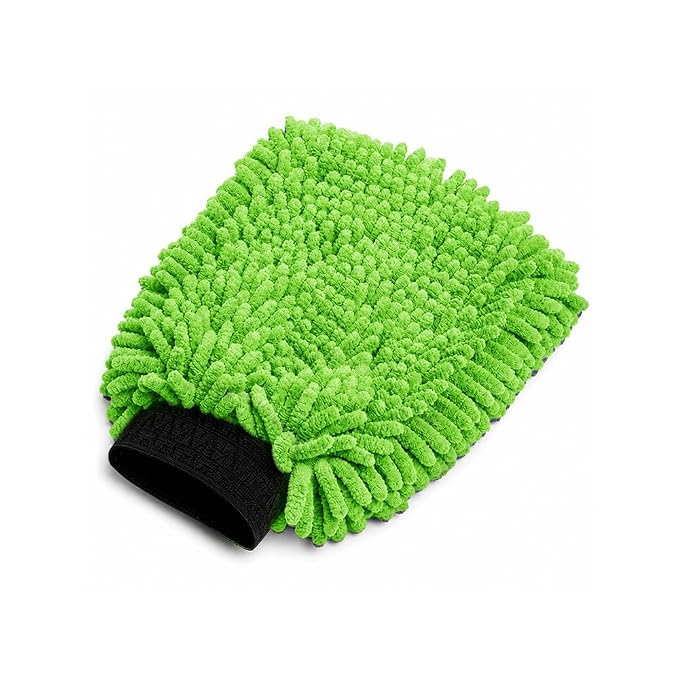A bright green microfiber car wash mitt with a black fabric handle, shown on a clean white background.