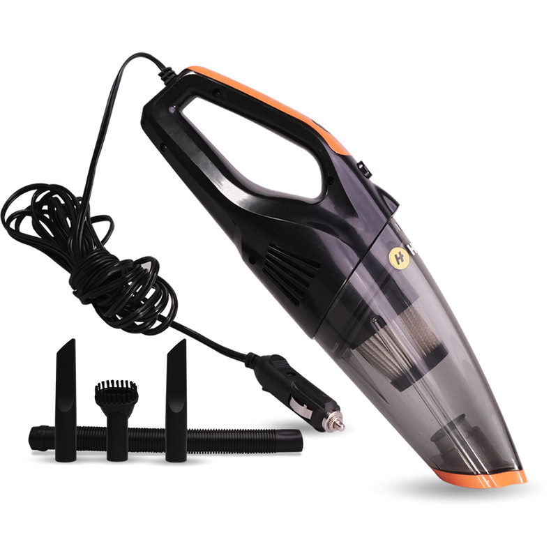 Handheld vacuum cleaner with attachments on a white background
