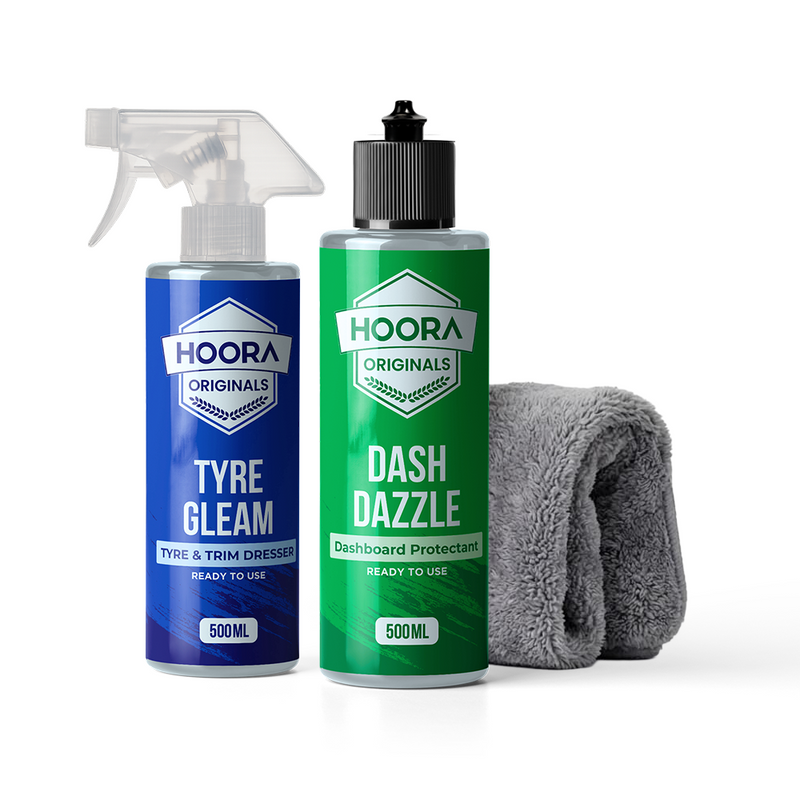 Hoora Dashboard Polish + Tyre Polish + 550 GSM Microfiber Cloth (Combo) - Hoora