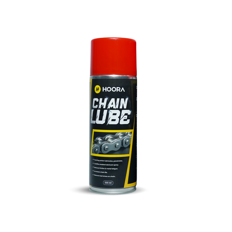 Hoora chain lube spray can with red cap on a white background
