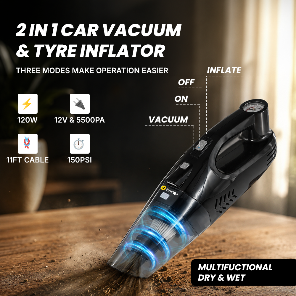 Hoora 2-in-1 Car Vacuum Cleaner & Tyre Inflator (With High-Power Motor & Built-In LED Light)