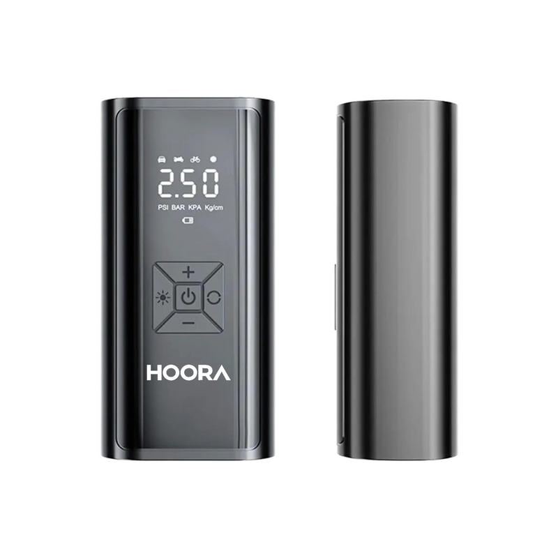 Gray electronic device with digital display and 'Hoora' branding on a white background
