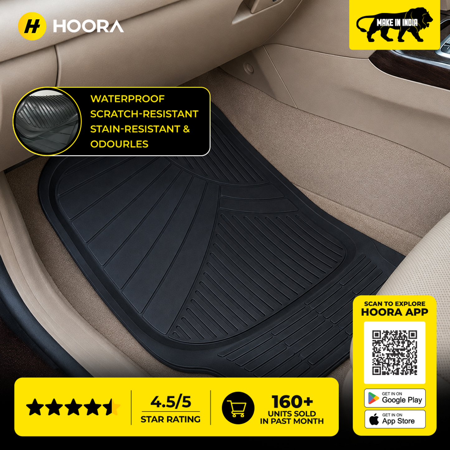 Hoora Universal Rubber Car Floor Mats (With Anti-Slip Smart Grip)