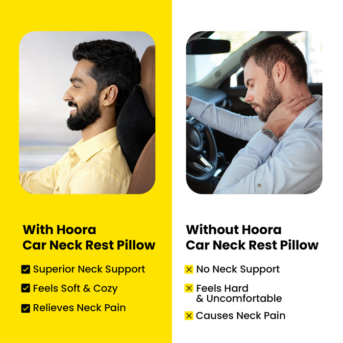 Comparison of a man using a car neck rest pillow with and without Hoora product, highlighting benefits.
