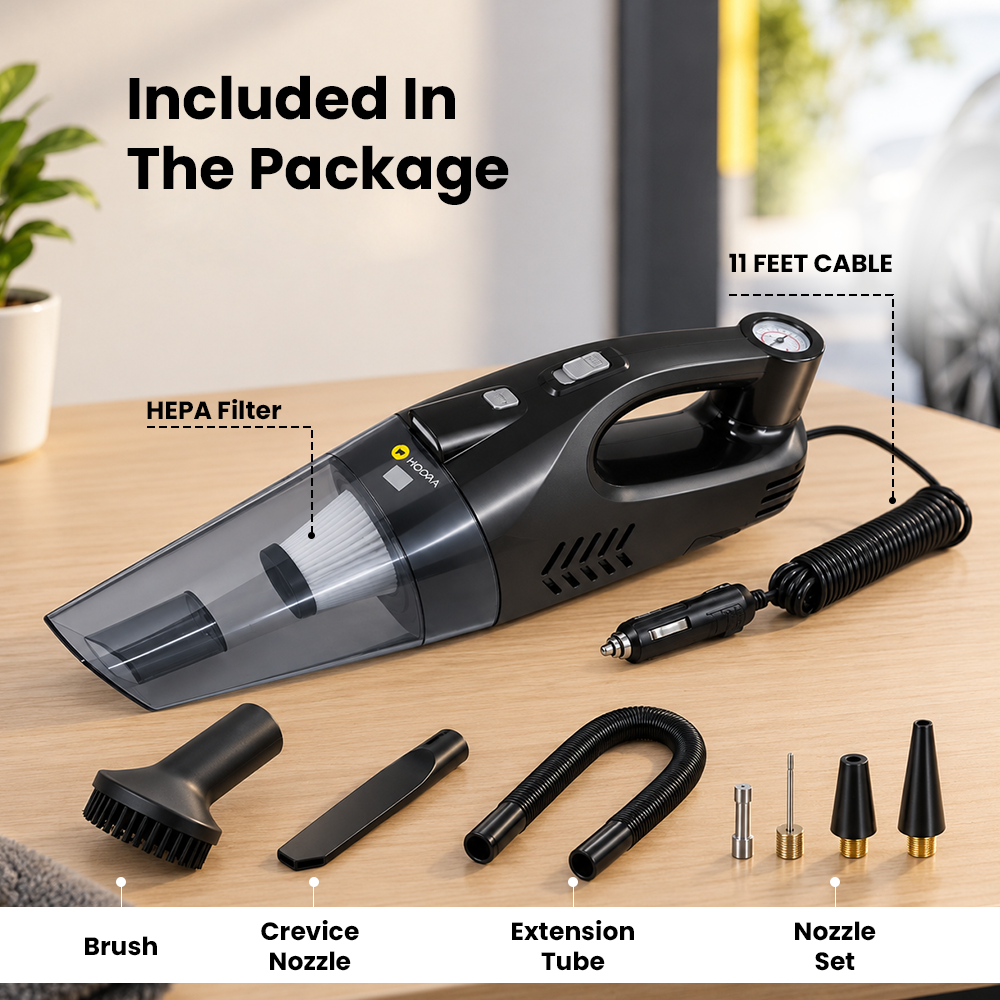 Hoora 2-in-1 Car Vacuum Cleaner & Tyre Inflator (With High-Power Motor & Built-In LED Light)