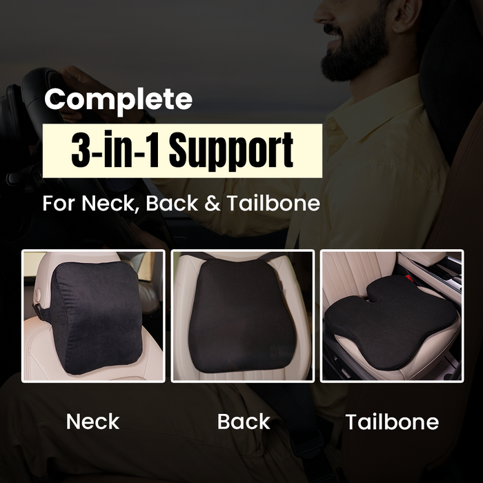 Car seat cushion with 3-in-1 memory foam support for neck, back, and tailbone, shown in use and on a car seat.