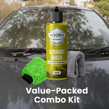Hoora Ceramic Shampoo + 550 GSM Microfiber Cloth + Microfiber Car Wash Mitt (Pack of 1) (Combo)