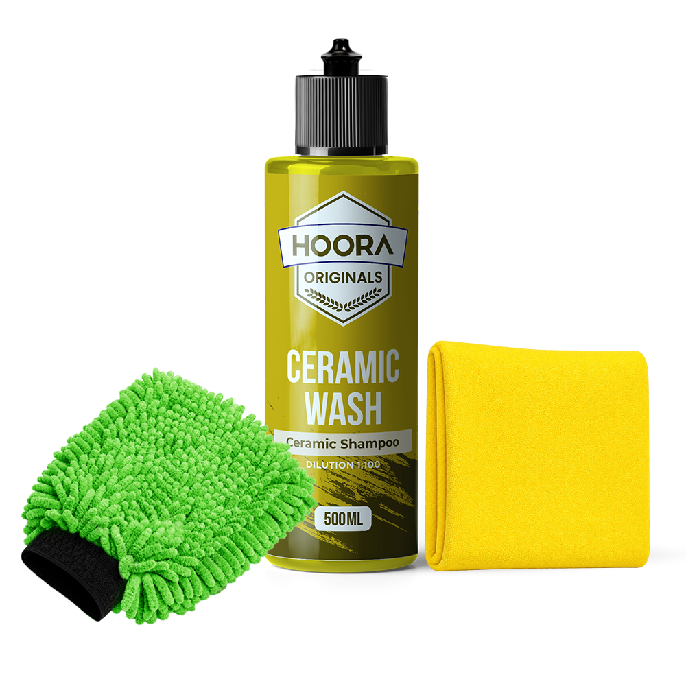 Hoora Ceramic Shampoo + 350 GSM Microfiber Cloth + Microfiber Car Wash Mitt (Pack of 1) (Combo)