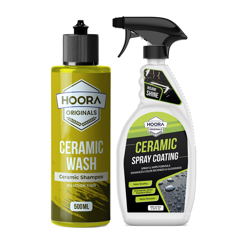 Two bottles of Hoora Originals ceramic wash and spray coating on a white background