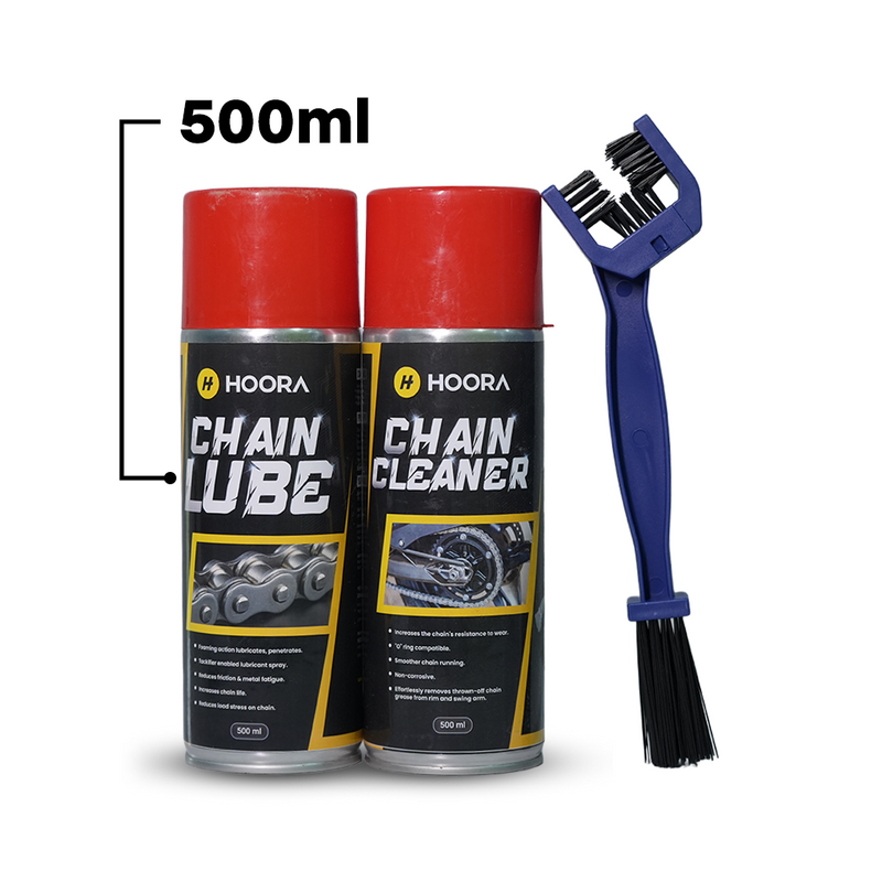 Cans of Hoora chain lube and Hoora chain cleaner with a brush on a white background
